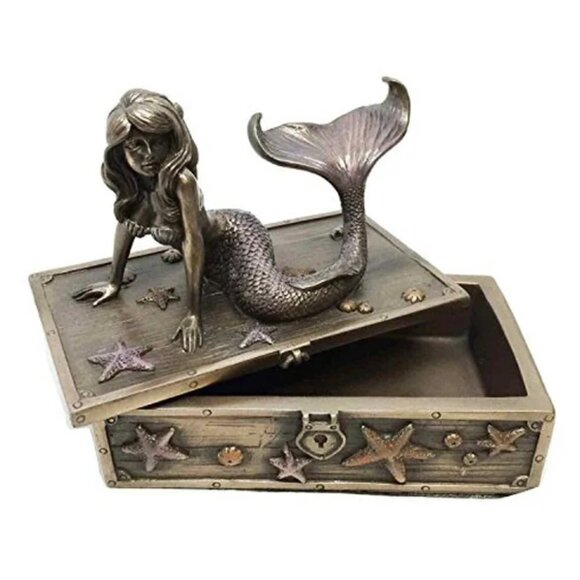 Mermaid on Seashell and Starfish Treasure Box Jewelry Trinket Box - Picture 2 of 5
